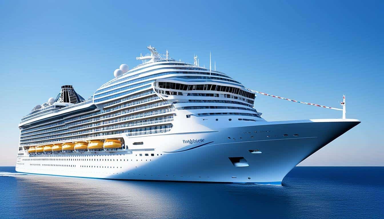 A majestic cruise ship sailing on calm waters with a clear blue sky in the background. The ship should appear to be floating effortlessly, with its large white hull and multiple decks visible. The image should convey the impressive size and weight of the ship, contrasting with its ability to remain afloat thanks to the science of buoyancy. The water surrounding the ship should also be depicted realistically, with gentle ripples and reflections.