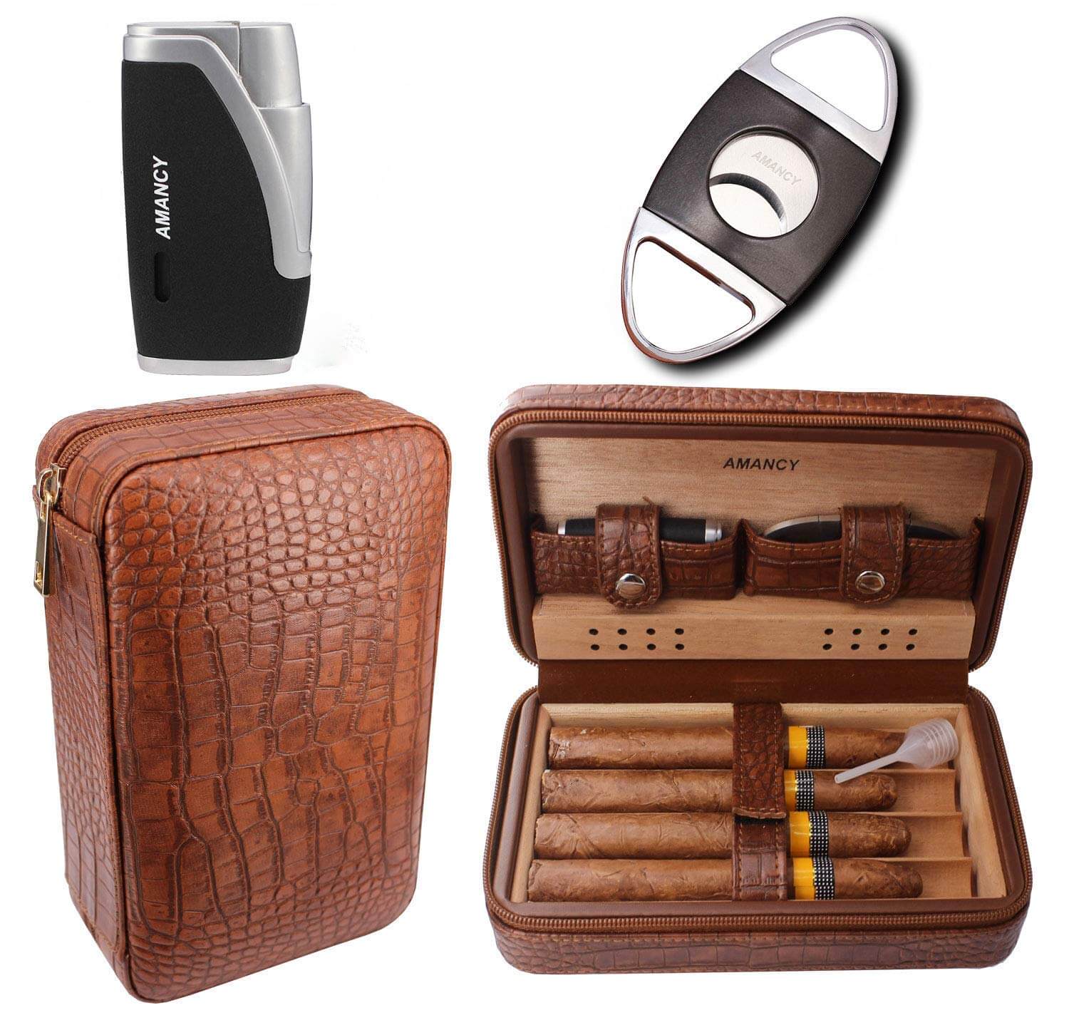 CiTree Cigar Travel Humidor, Cedar Wood Leather Cigar Case with Cigar  Accessories Gift Set, Brown